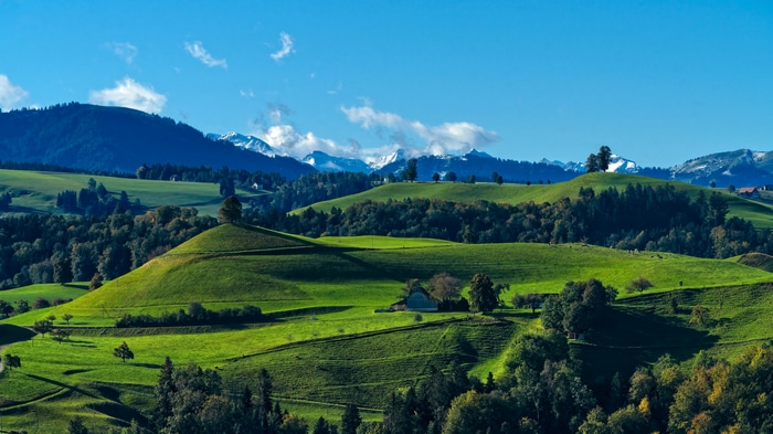 4K rolling green hills with mountains and trees