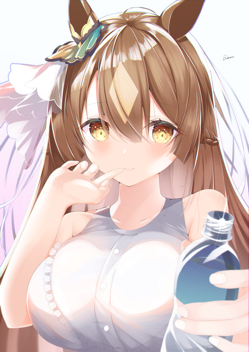 Satono Diamond from Uma Musume Pretty Derby holding a bottle