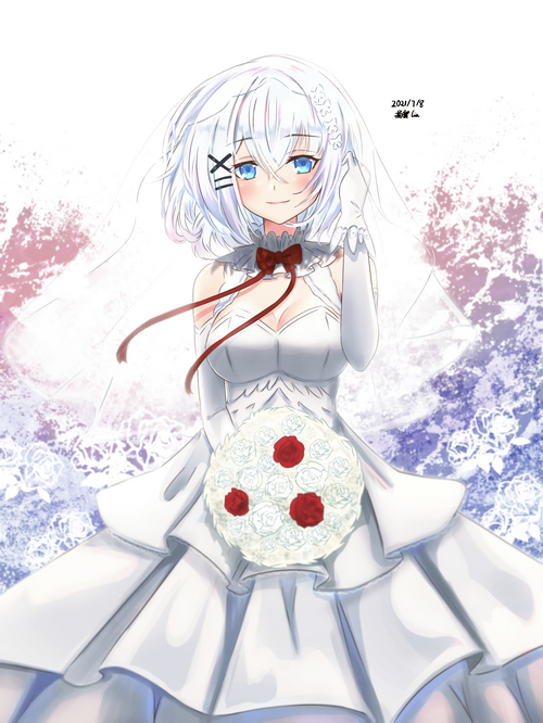 Siesta in a Wedding Dress Holding Flowers