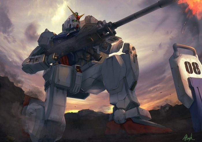 Gundam Ground Type firing a beam rifle at sunset