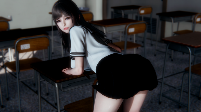 CGI schoolgirl in a classroom