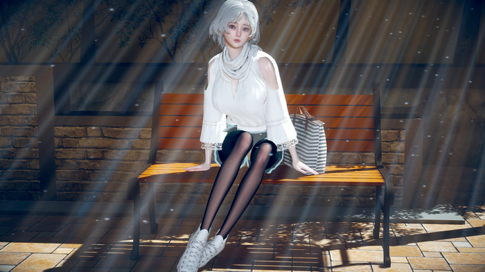 Woman with white hair sitting on a bench