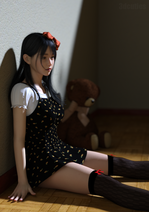 Asian girl with red bow and teddy bear