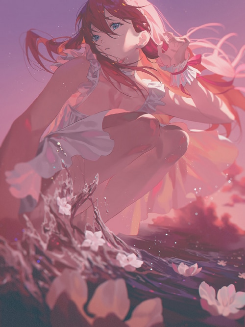 Anime girl with red hair in a white dress by the water