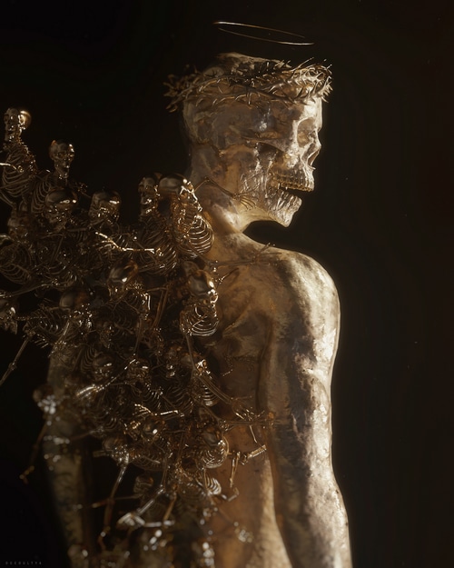Golden Skeleton with Crown of Thorns and Halo