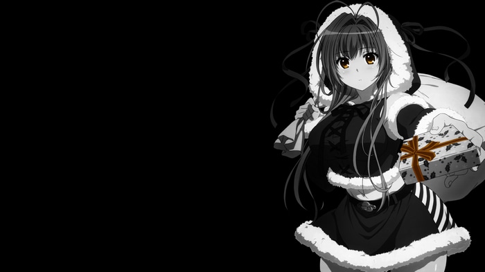 Anime girl in Christmas clothes holding a present