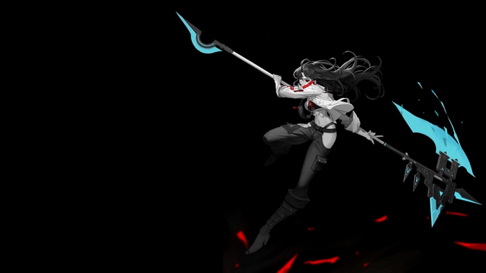 Woman with a glowing scythe on a black background