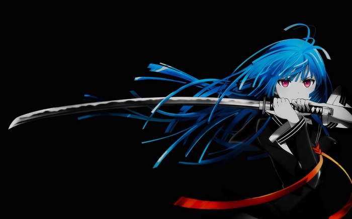 Kisara Tendo with blue hair holding a sword
