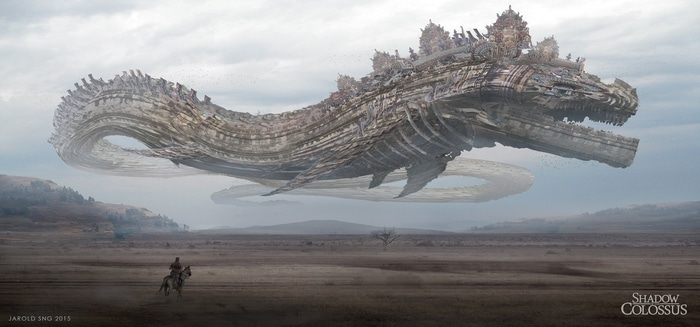 Shadow of the Colossus artwork featuring a colossal dragon-like creature
