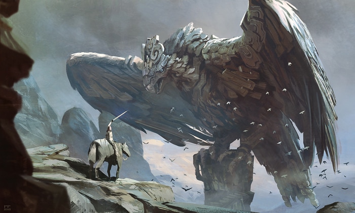 Giant stone eagle creature and knight on horseback