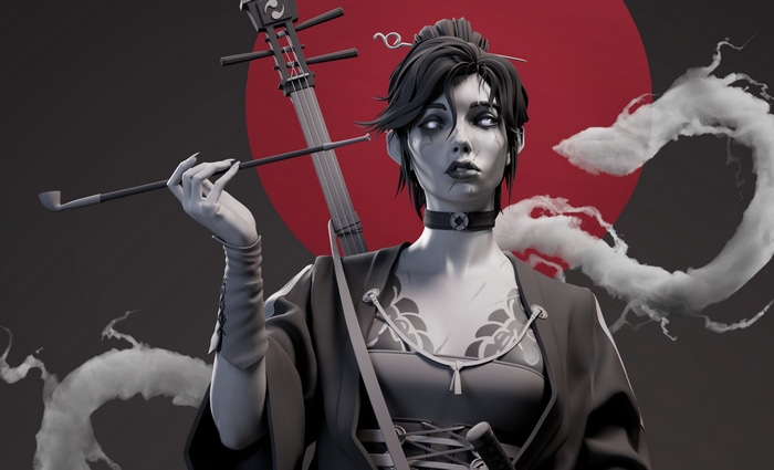 Fantasy art of a woman with a pipe and shamisen