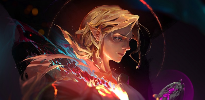 Fantasy character with blonde hair and pointy ears