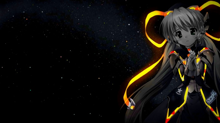 Hoshino Yumemi with glowing accents against a starry background
