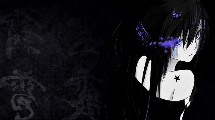 Anime girl with black hair and purple accents