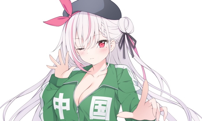 Anime girl with white hair and red eyes wearing green jacket