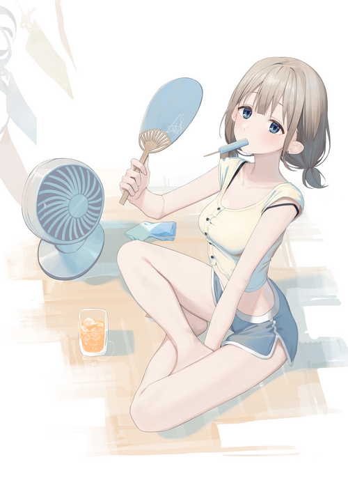 Girl with fan and popsicle in summer
