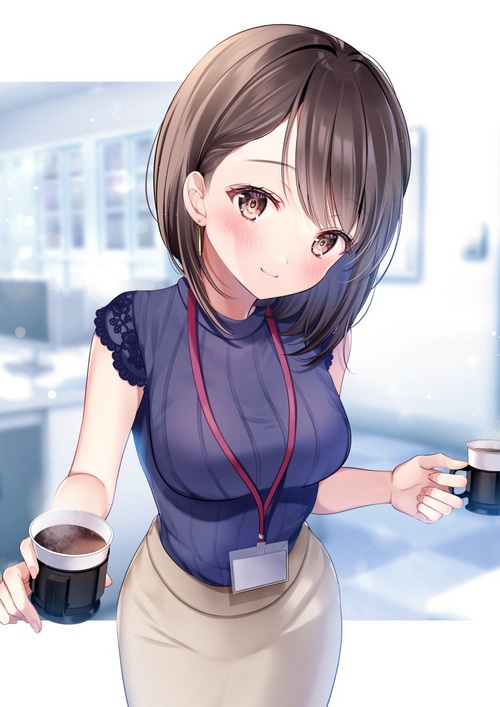 Anime girl in office attire holding coffee cups