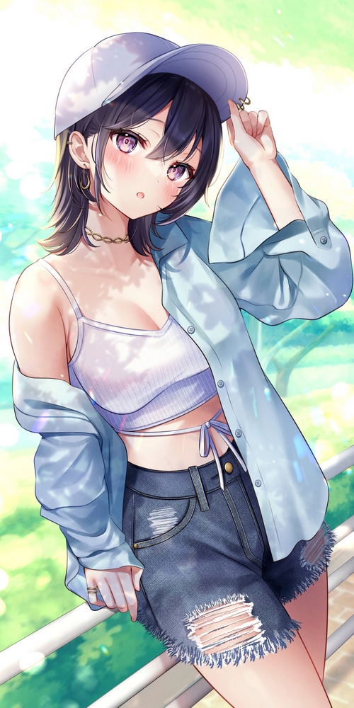 Anime girl with hat and ripped denim shorts