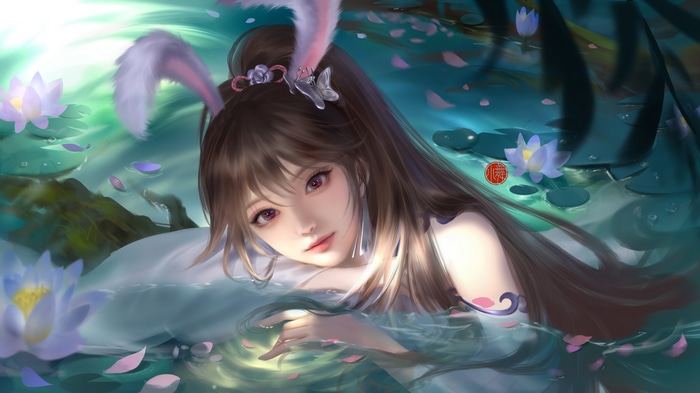 4K fantasy art of Xiao Wu with bunny ears in water