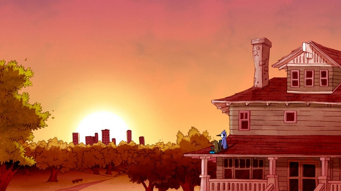 Mordecai and Rigby on a roof at sunset