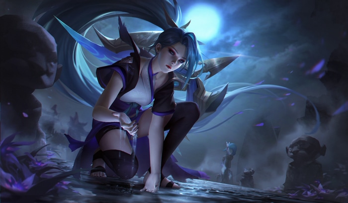 Fantasy girl with blue hair in a moonlit landscape