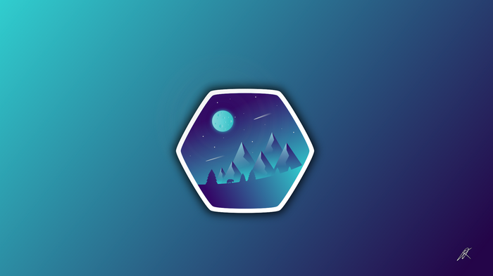 Hexagon illustration of a night mountain landscape with a bear
