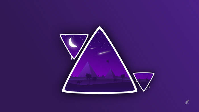 Purple desert night with pyramids and camels