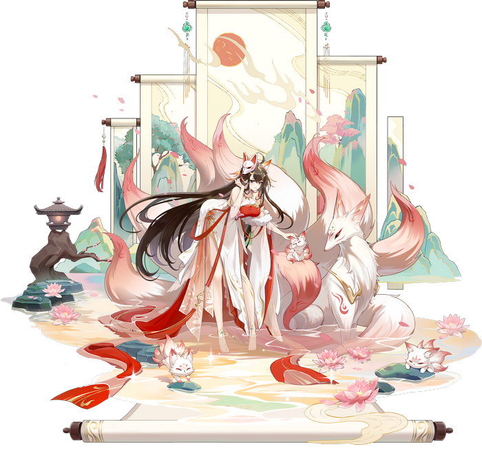 Kitsune girl with nine fox tails and spirit foxes