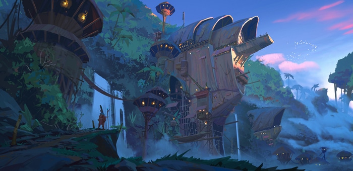 4K concept art of a village with waterfalls