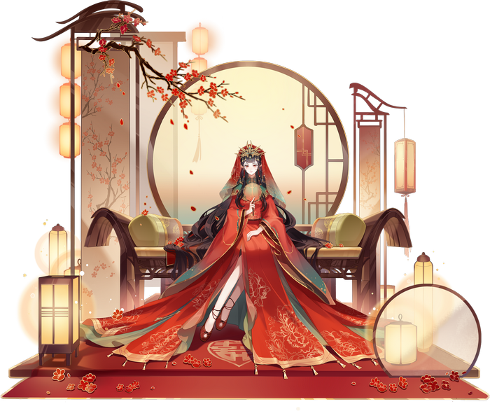 Woman in red Chinese dress with lanterns