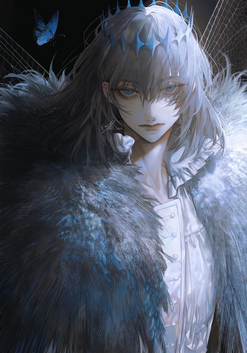 Anime boy with blue eyes and butterfly