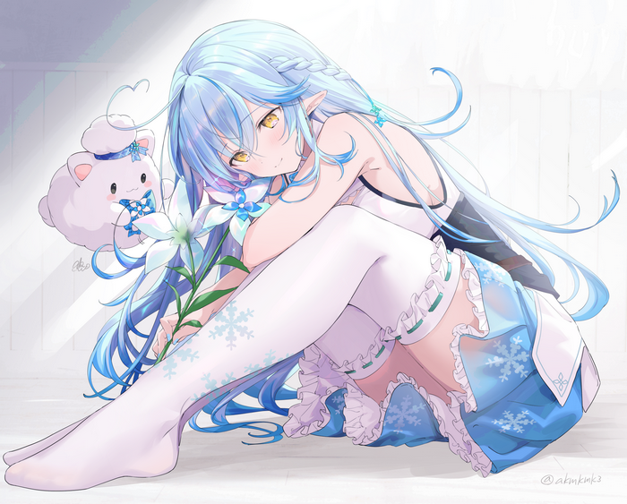 Fantasy girl with blue hair and yellow eyes holding a flower