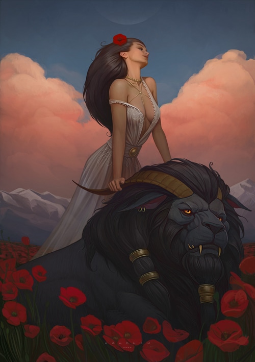 Woman with a lion in a field of poppies