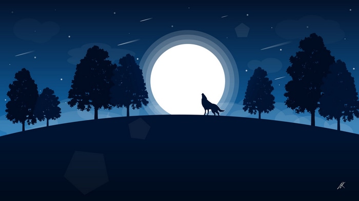 Wolf howling at the moon on a starry night