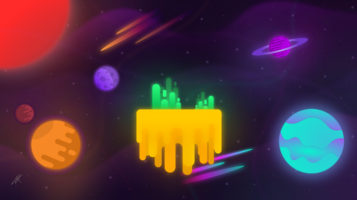 Floating island with glowing plants in a colorful galaxy