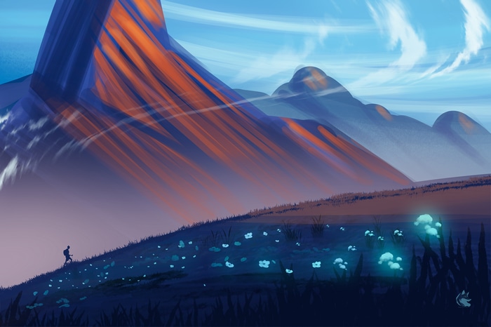 Hiker walks through a field of glowing flowers at sunset