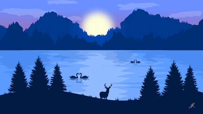 Deer and swans by a lake at sunrise with mountains