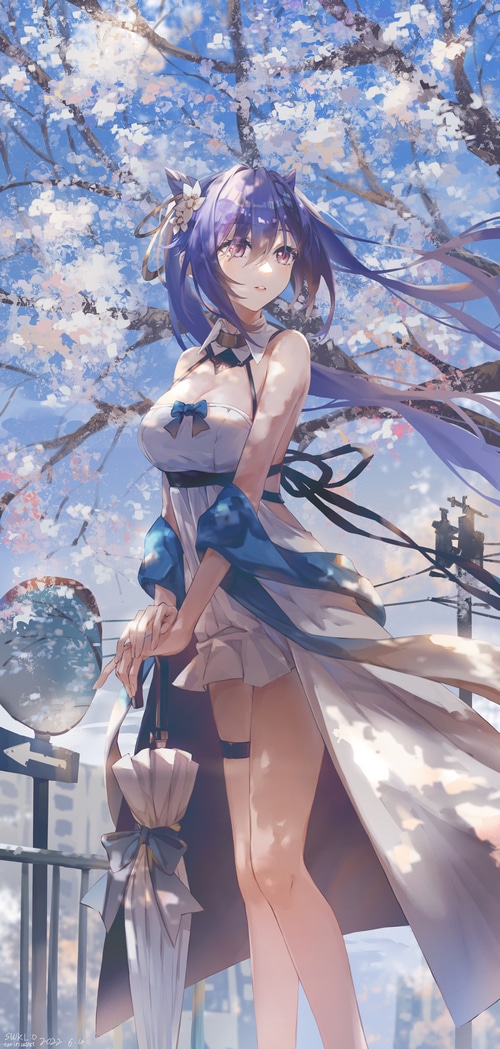 Keqing from Genshin Impact with purple hair and umbrella