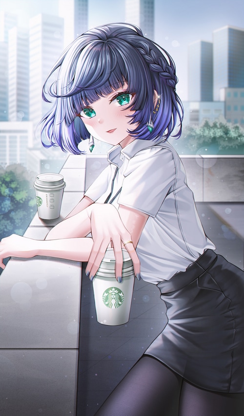 Yelan from Genshin Impact with Starbucks coffee