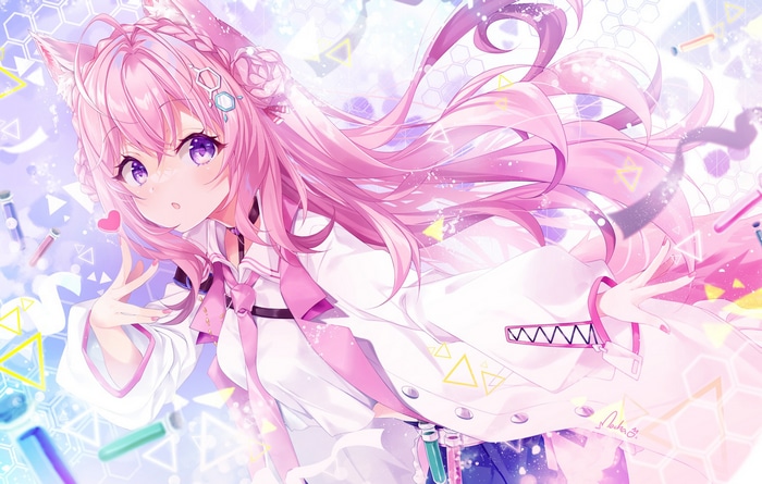 Pink-haired cat girl with purple eyes in lab coat