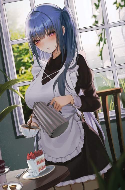 Maid pouring tea next to a strawberry cake