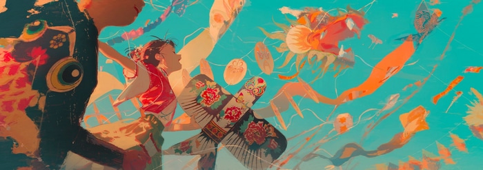 Children flying kites in a blue sky