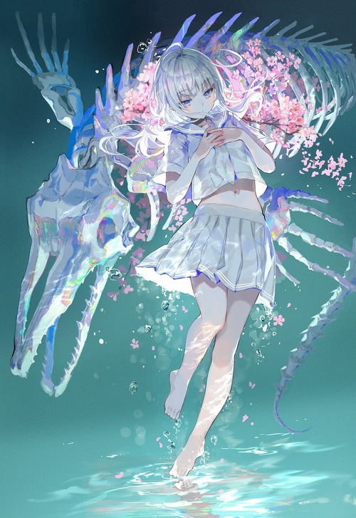 Girl in school uniform with a skeleton and flowers
