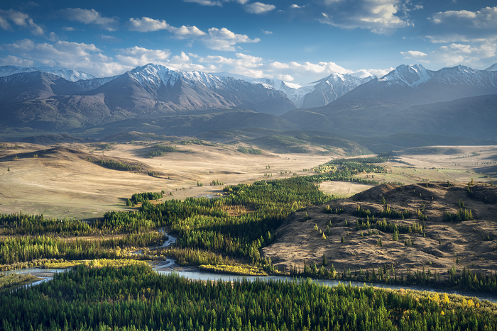 Altai Mountains with snowy peaks and a river