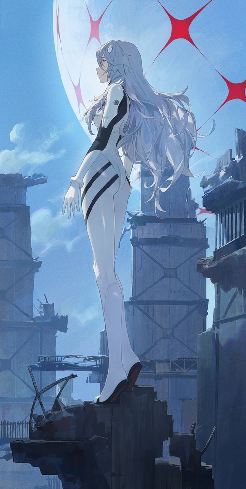 Ayanami Rei in a plugsuit standing on ruins