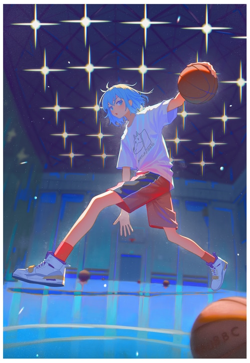 Anime boy with blue hair playing basketball