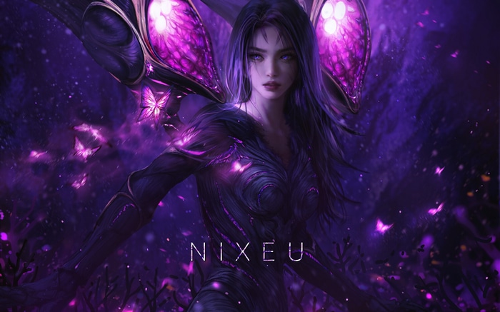 Nixeu, a fantasy character with purple eyes and wings