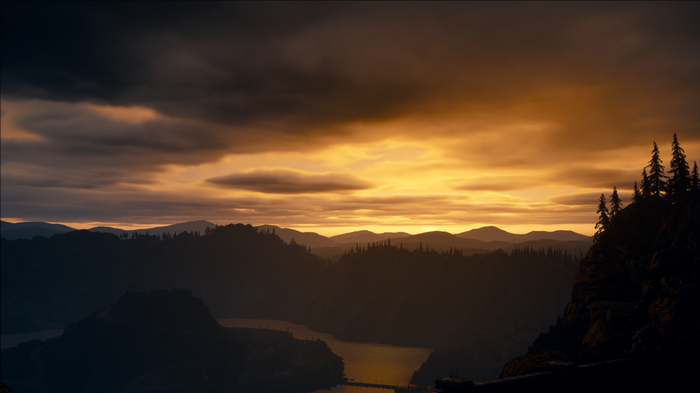 Days Gone landscape with dramatic sunrise and clouds