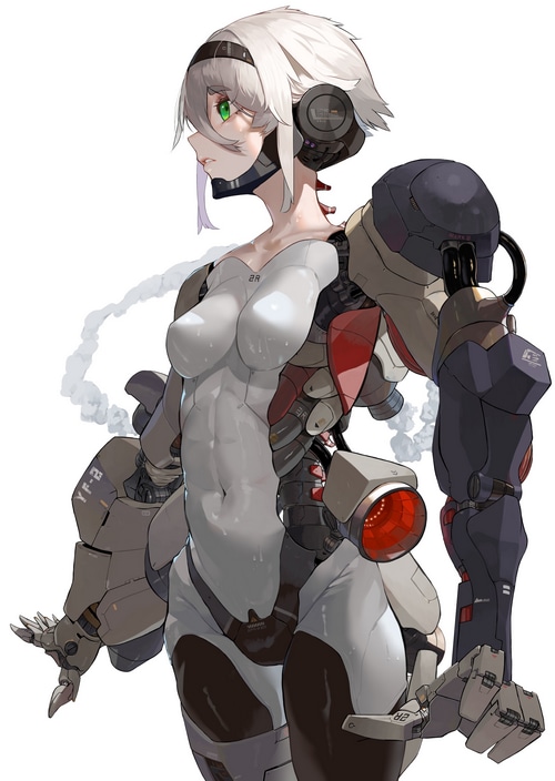 Artwork of a cyborg woman with blonde hair and green eyes