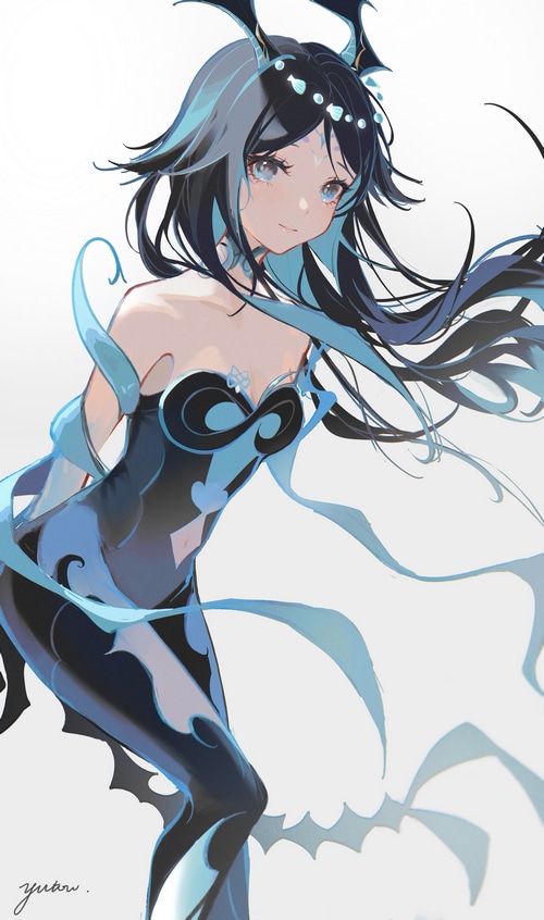 Genshin Impact character with black hair and blue accents